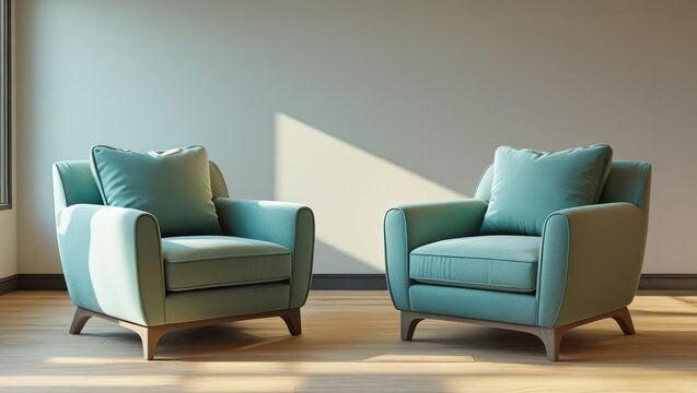 Two teal armchairs in a sunlit room.
