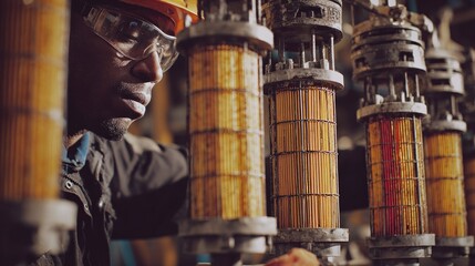 A dynamic image of a technician inspecting a fuel filtration system with dual filters highlighting the meticulous maintenance processes including the removal of filter cartridges and