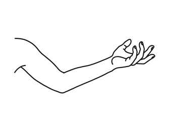 Arm and hand drawing. It is a black and white outline image of an arm and hand, a human limb with fingers, often depicted in various gestures. Vector sketch line art draw.