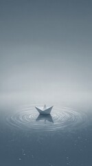 Fototapeta premium Fragile Paper Boat Drifting Alone with Growing Shadow Beneath