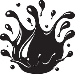 Dynamic black ink splash with droplets and swirls on white background