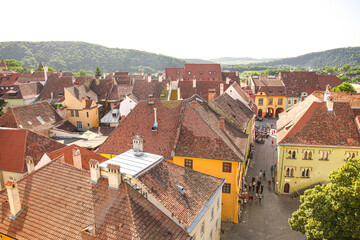 Sighisoara Medieval Fortress and Fortified Citadel with Colorful Houses in Transylvania – View...