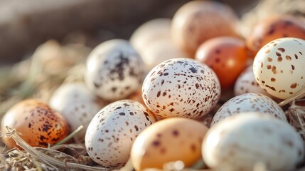 Obraz premium Colorful speckled eggs nestled in straw under warm sunlight during springtime