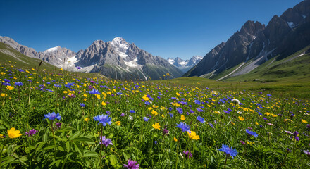 Fototapeta premium A vibrant meadow of wildflowers blossoms in front of a majestic snow capped mountain range