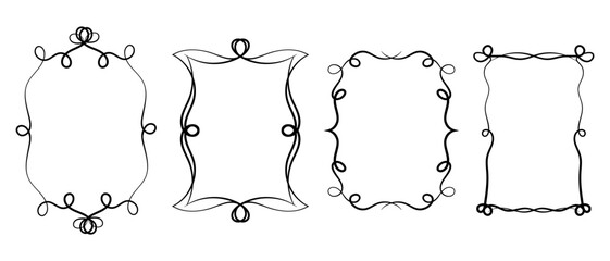 Set of decorative frames. Abstract black and white antique style frame. Hand drawn black outline borders isolated on white background. Simple doodle, element design.
