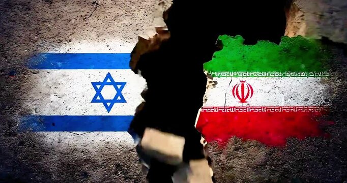 Flags of Israel and Iran on Cracked Concrete Floor &ndash; Crack Collapses at the End