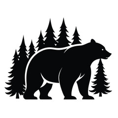 Majestic Black Bear Silhouette in Pine Forest Wilderness Animal Vector Illustration