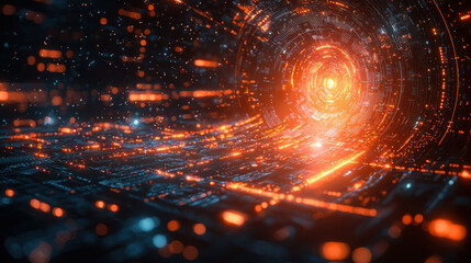 Futuristic digital tunnel with glowing lights and abstract patterns creates mesmerizing effect