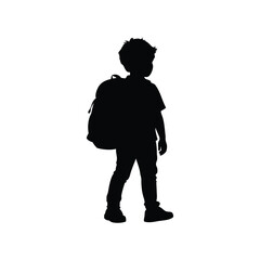 Silhouette of a small boy carrying a large backpack ready for school