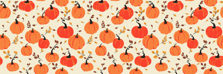 Seamless vector pattern with bright orange pumpkins and autumn leaves on a light background. Template for Halloween, Thanksgiving, fall decor, textile design, and seasonal packaging.