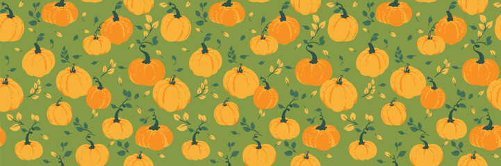 Seamless vector pattern with orange pumpkins and autumn leaves on a muted green, mint background. Template for Halloween, Thanksgiving, fall decor, textile design, seasonal packaging