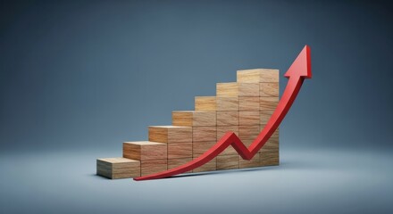A simple and impactful 3D bar graph featuring a staircase of increasing wooden blocks, topped with an upward-trending red arrow, symbolizing business growth, and financial progress.
