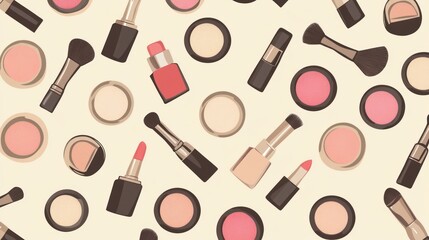 Makeup Pattern: Blush, Lipstick, Brush, and Nail Polish on Beige Background
