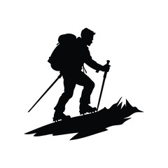Silhouette of hiker climbing a mountain with trekking poles and backpack