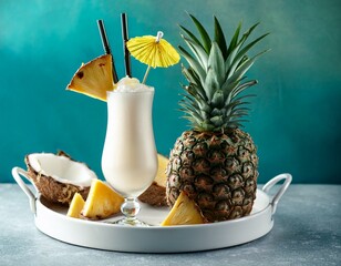 Piña Colada cocktail with ananas and coconut on a gray marble table on turquoise background. Generated image