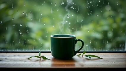 Steaming green mug of coffee sits on a wooden table by a rainy window