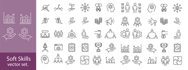Soft Skills editable stroke outline web icons set. Skills, leadership, communication, creativity, empathy, self-motivation, problem solving, teamwork and responsibility. Vector illustration