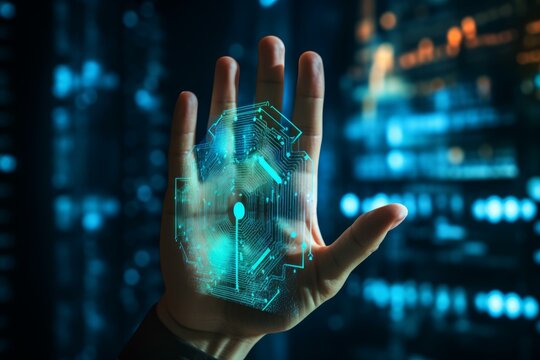 Businessman using futuristic microchip technology in a server room