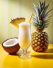 Piña Colada cocktail with ananas and coconut on a yellow table on striped white and yellow background. Generated image