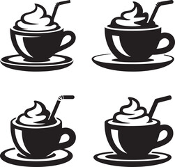 Four black and white icons of coffee cups with whipped cream and straws