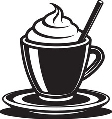 Stylized black and white illustration of a coffee cup with whipped cream and straw