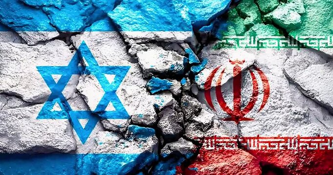Israel and Iran flags on cracked stone wall - smooth camera zoom in - political tension concept 4K