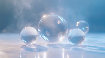 Fototapeta premium Crystal-clear water droplets reflecting light on a smooth surface with a soft blue background