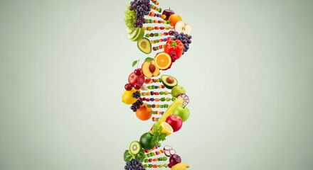 A dna double helix made of colorful fruits and vegetables on a light green background concept image