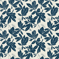 Modern minimalist seamless pattern featuring stylized dark blue leaves & botanical elements on a light beige background. Perfect for contemporary textile designs, digital papers, and sophisticated hom