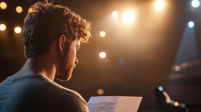 Young man rehearses script on stage during performance preparation in a dimly lit theater