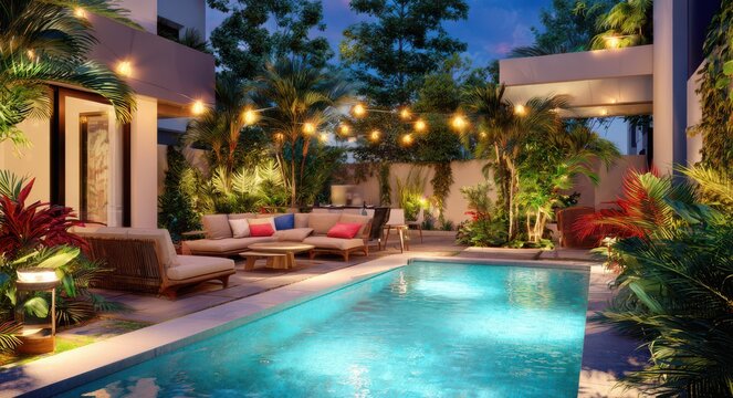a small pool with modern garden furniture and outdoor lighting at night in the backyard of a bungalow house with tropical plants