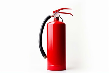 Obraz premium Red fire extinguisher standing on a white background, ready for use in case of fire emergency