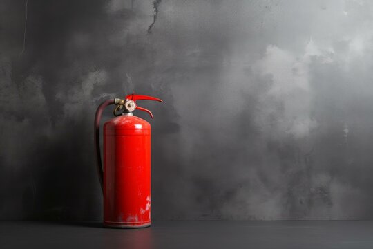 Red fire extinguisher standing on gray floor against gray wall, representing fire safety and emergency preparedness