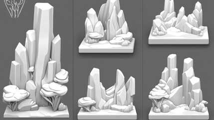 Stylized 3D Render of Fantasy Landscape Elements with Geometric Rocks and Trees