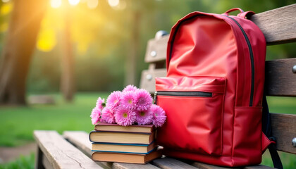Red backpack, books, asters bouquet on wooden bench in daylight. New school year start.