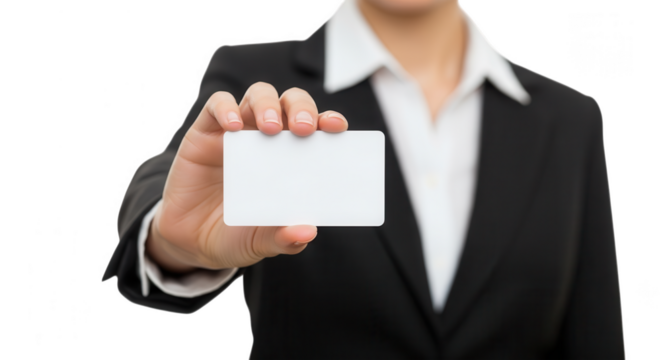 Businesswoman holding blank white business card isolated on transparent background