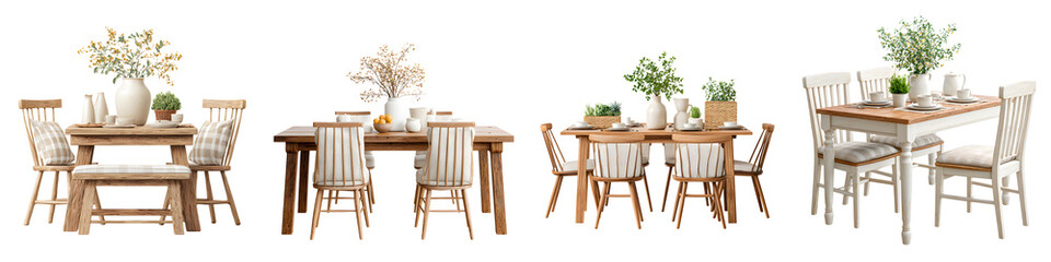 Rustic Dining Room Sets with Floral Centerpieces on White