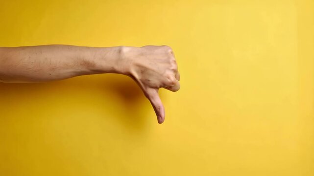 Hand gesturing thumbs down on a plain yellow background suggesting negativity, rejection, dislike or disapproval