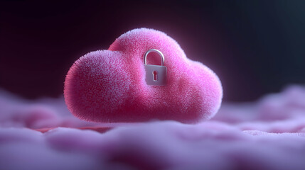 A fluffy, pink cloud-shaped object with a silver padlock in the center, symbolizing secured or protected cloud storage.