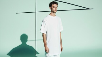 Minimalist Portrait: Man in White, Geometric Lines, Shadow Play, Serene Mood.