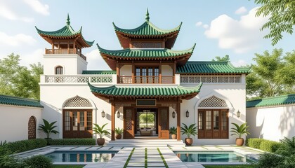 Fototapeta premium A conceptual elevation sketch blending Moroccan riad, Japanese pagoda, and Scandinavian cabin styles. Perfect for editorial or architecture blogs.