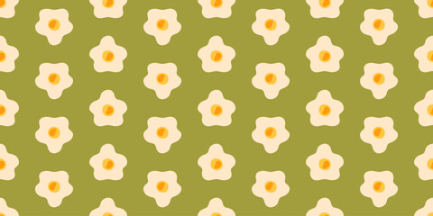Seamless Cream Flower Pattern. Seamless pattern with cream flowers and orange centers on olive green background. Flat style with soft natural colors.