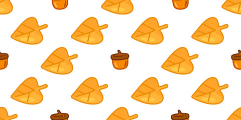 Seamless Autumn Acorn Leaf Pattern. Seamless pattern with yellow autumn leaves and brown acorns on white background. Flat style, warm seasonal colors.