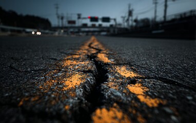 cracked asphalt road yellow line detail macro dark background