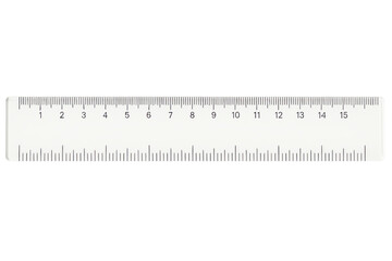 White plastic ruler for measuring up to fifteen centimeters on a transparent background