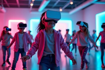 Immersive Kids' Dance Class: Virtual Reality Experience with Trendy TikTok Moves, Neon Lights, and Gaming Fashion
