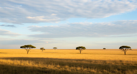 Obraz premium Golden grass stretches to the horizon under a bright sky, dotted with acacia trees in the african savanna