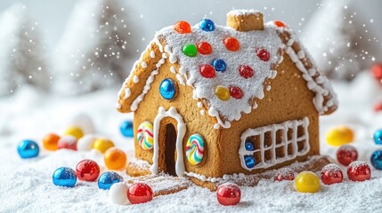 Adorable gingerbread house decorated with colorful candies on snowy background