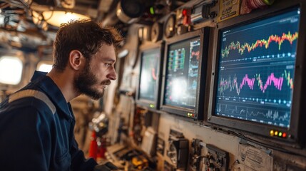 A technician analyzing a digital dashboard displaying torque data in realtime with focus on oscillating graphs and numerical readouts amidst a backdrop of ship machinery and tools highlighting
