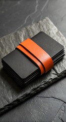 Stack of Black Business Cards with Orange Leather Strap on a Dark Textured Stone Surface High Angle Studio Shot Minimalist Presentation